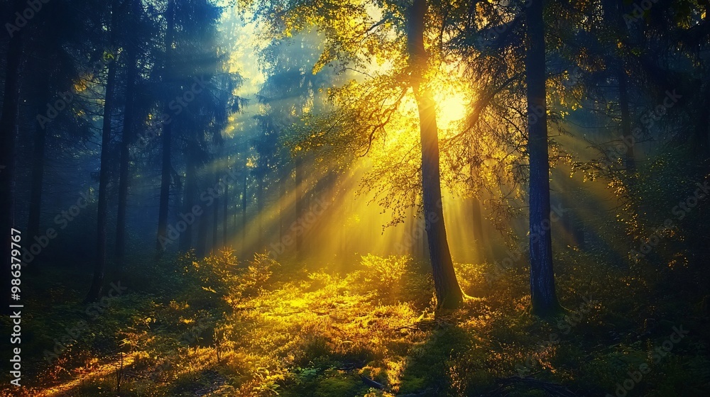 Sunbeams illuminating a misty forest with tall trees and lush foliage. Sunbeams illuminating a misty forest with tall trees and lush foliage.