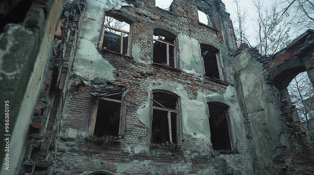 Fototapeta premium A dilapidated building with broken windows and crumbling walls, showcasing decay and abandonment.