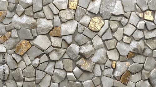 Stunning gray and white stone wall with delicate gold leaf details, perfect for modern and rustic decor. Captivating and elegant, suitable for both interior and exterior spaces