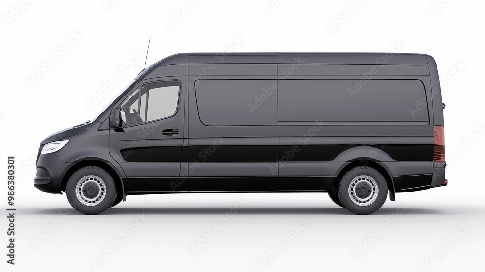Side view of a modern gray cargo van designed for transportation and delivery services, featuring a spacious and practical layout. Side view of a modern gray cargo van designed for transportation and delivery services, featuring a spacious and practical layout.