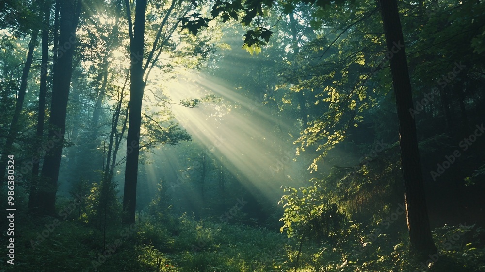 Obraz premium Sunbeams Illuminating a Misty Forest