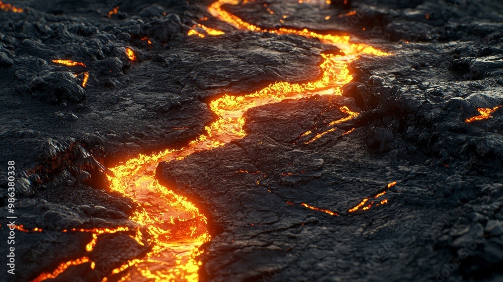 Molten lava flows over black volcanic rock, creating a dramatic scene with fiery orange glow. Nature's power in action, showcasing geothermal texture and abstract pattern Molten lava flows over black volcanic rock, creating a dramatic scene with fiery orange glow. Nature's power in action, showcasing geothermal texture and abstract pattern