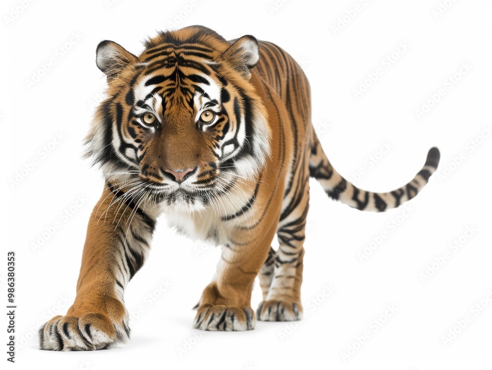 Fototapeta premium A tiger is walking on a white background