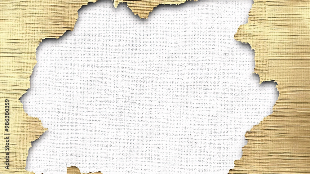 A torn parchment-like texture with frayed golden edges reveals a blank white canvas underneath, offering a vintage, rustic aesthetic ideal for framing text or design elements