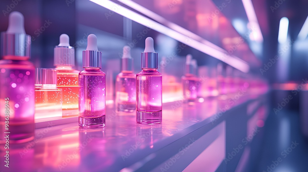 A row of vibrant pink serum bottles illuminated in a futuristic setting, showcasing elegance and modern beauty trends. A row of vibrant pink serum bottles illuminated in a futuristic setting, showcasing elegance and modern beauty trends.