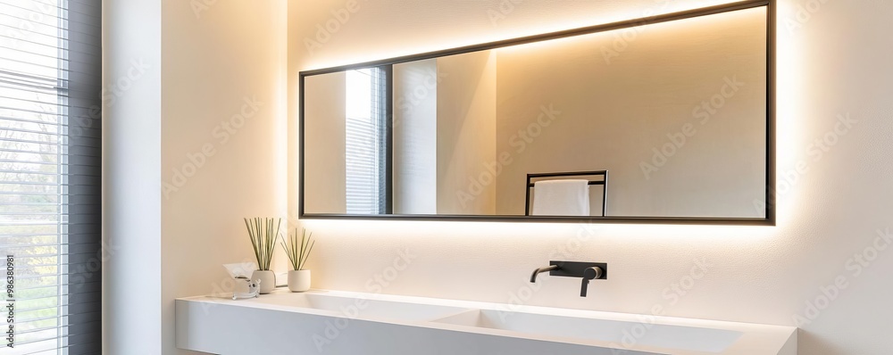 Large rectangular mirror with matte black frame in a minimalist bathroom, minimalist bathroom mirror, modern boldness Large rectangular mirror with matte black frame in a minimalist bathroom, minimalist bathroom mirror, modern boldness