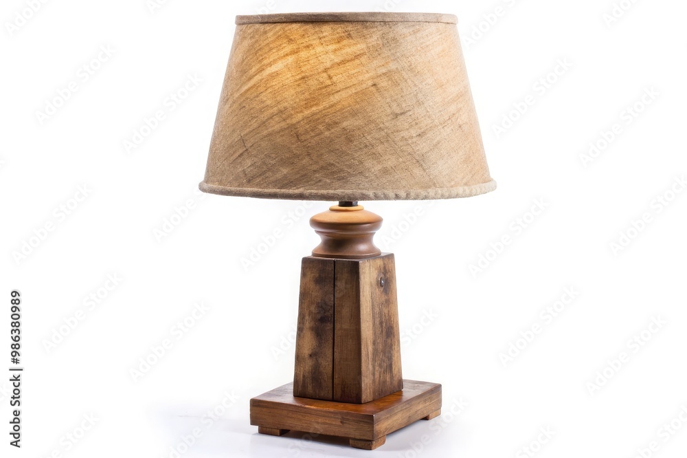 A rustic desk lamp featuring a distressed wooden base with a fabric lampshade in earthy tones, set against a plain white background for a warm and cozy vibe A rustic desk lamp featuring a distressed wooden base with a fabric lampshade in earthy tones, set against a plain white background for a warm and cozy vibe