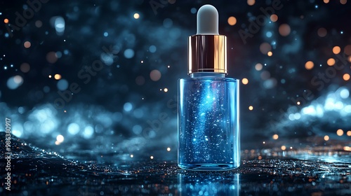 A luminous blue serum bottle glimmers against a sparkling backdrop, showcasing its enchanting, shimmering contents. photo