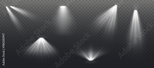 Vector light set. Light sources. Glowing light effect with white rays.  Floodlight beam, illuminated spotlights. Transparent background