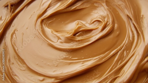 A close-up of creamy peanut butter swirled into a circular pattern