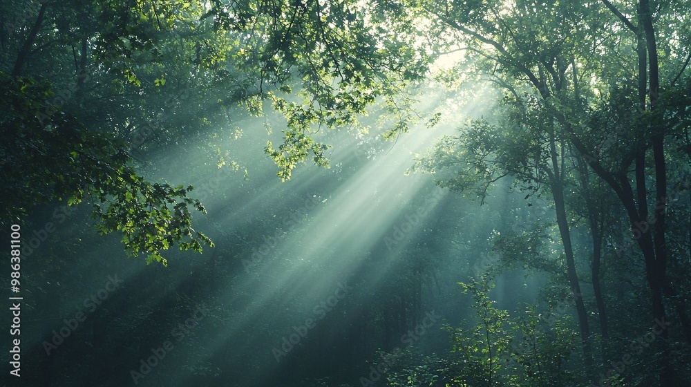 Obraz premium Sunbeams Piercing Through a Misty Forest Canopy