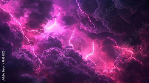 Nature's power mesmerizes as lightning strikes through deep purple storm clouds. Illuminating the night sky with an electrifying glow photo