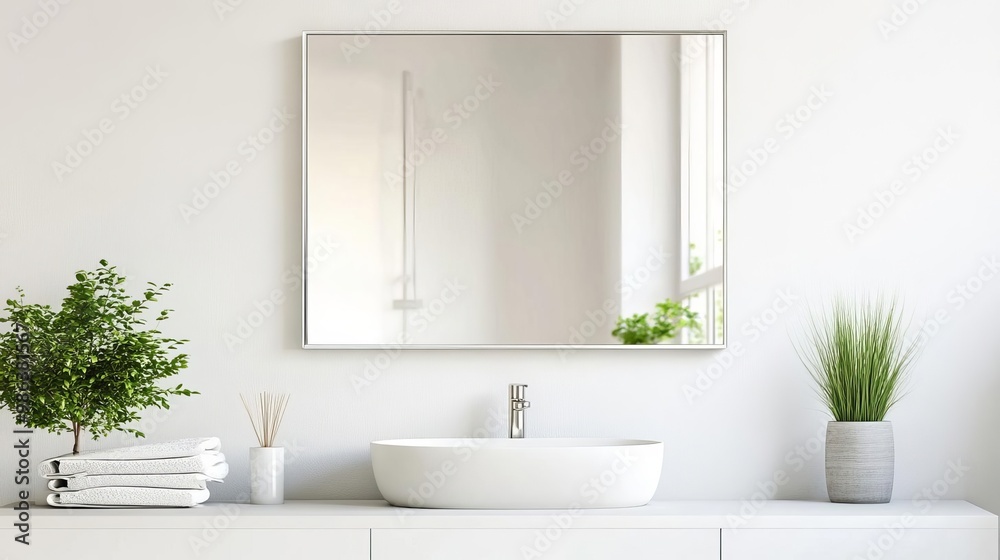 Minimalist frameless mirror with brushed steel fixtures in a clean white bathroom, minimalist bathroom mirror, sleek simplicity