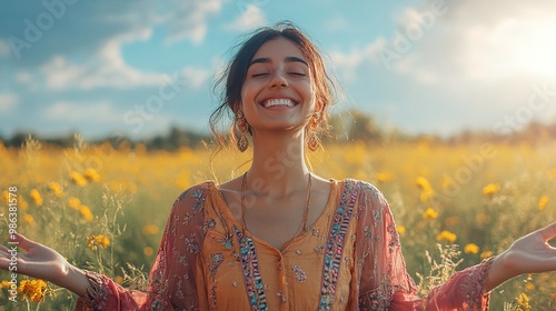 portrait of a young indian woman with open arms enjoying the outdoors in a meadow filled with nature showing happiness and positivity with good mental health and a joyful peaceful life photo
