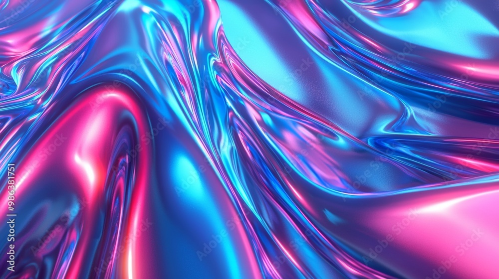 Fototapeta premium Abstract background with flowing iridescent material reflecting blue and pink light. Perfect for any project needing an abstract background