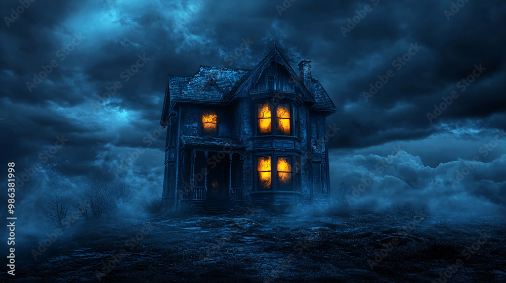 Haunted house with glowing windows on a dark, stormy night Haunted house with glowing windows on a dark, stormy night