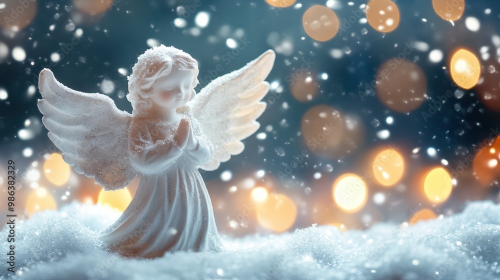 little white guardian angel in snow on shiny lights background. christmas decoration transparent background little white guardian angel in snow on shiny lights background. christmas decoration transparent background