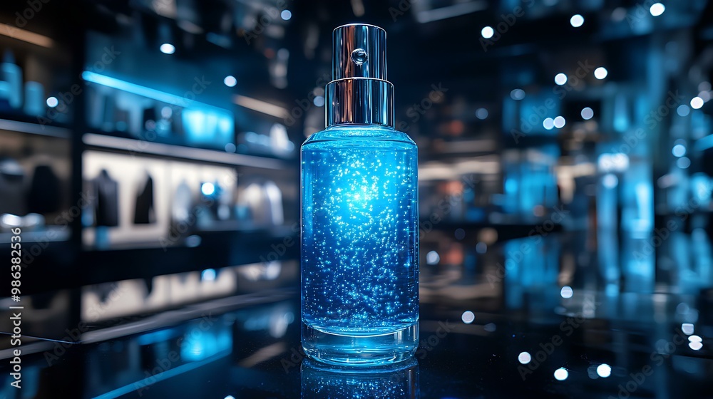 A sleek, blue perfume bottle stands prominently in a stylish store, illuminated by soft, shimmering lights. A sleek, blue perfume bottle stands prominently in a stylish store, illuminated by soft, shimmering lights.
