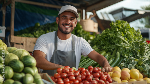 Fototapeta Naklejka Na Ścianę i Meble -  A cheerful street vendor running a small farm market business, proudly displaying an array of sustainable fruits and vegetables in a vibrant outdoor setting. photo