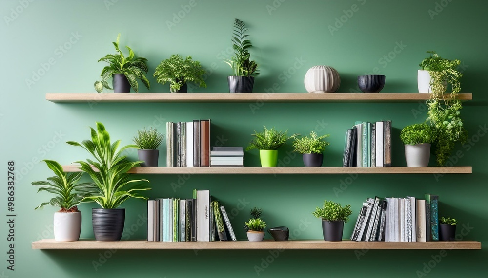 Green bookshelf filled with plants bringing life to a modern interior design Green bookshelf filled with plants bringing life to a modern interior design