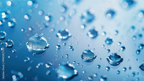 A vibrant close-up of transparent bubbles floating in a blue, watery background with soft light reflections and bokeh effect.