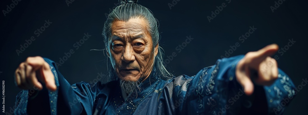 A man with a beard and long hair is pointing at something A man with a beard and long hair is pointing at something