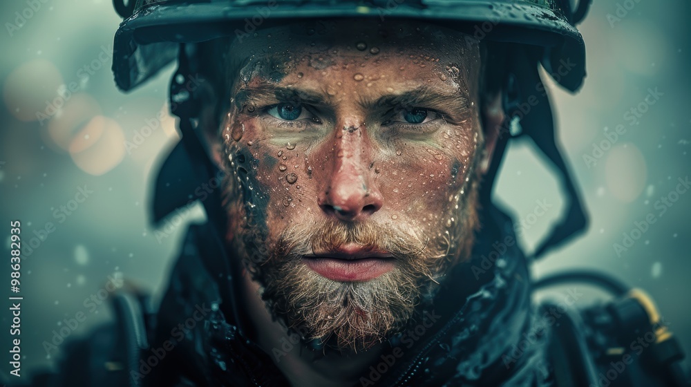 A man with a beard and a helmet is standing in the rain A man with a beard and a helmet is standing in the rain