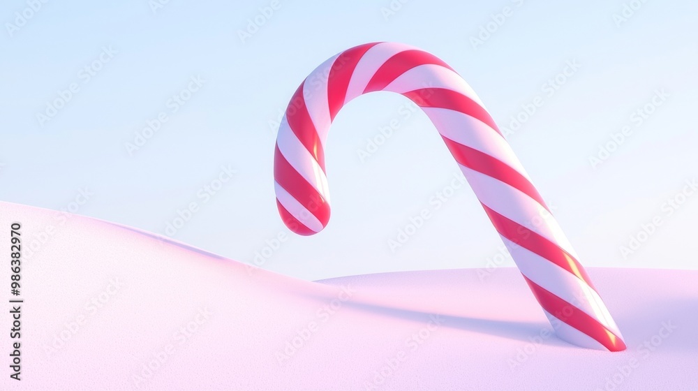Obraz premium Single red and white candy cane standing upright on a pink snowdrift, with a light blue sky in the background, evoking a sweet winter wonderland