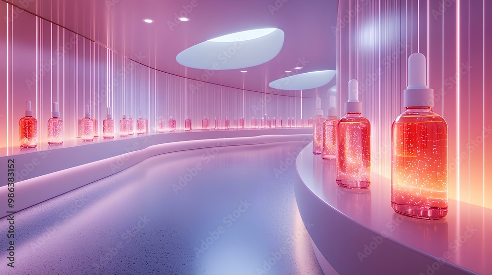 A modern, illuminated space featuring pink bottles, highlighting a sleek, futuristic design and vibrant lighting. A modern, illuminated space featuring pink bottles, highlighting a sleek, futuristic design and vibrant lighting.