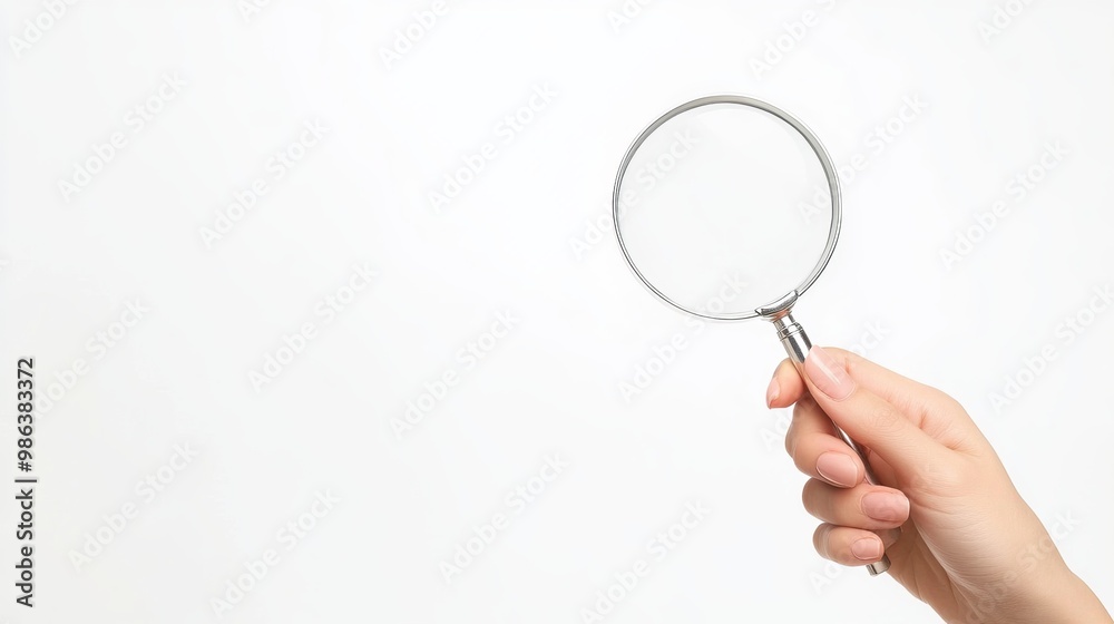 Female hand holding a magnifying glass isolated on a white background A mockup design with copy space perfect for adding personalized text or creative content Female hand holding a magnifying glass isolated on a white background A mockup design with copy space perfect for adding personalized text or creative content