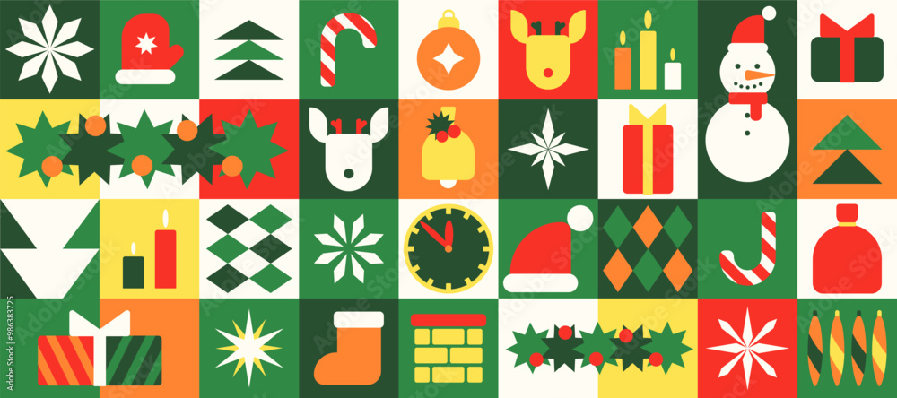 Fototapeta premium Color geometric Christmas New Year pattern background. Winter Holidays shapes. Vector illustration