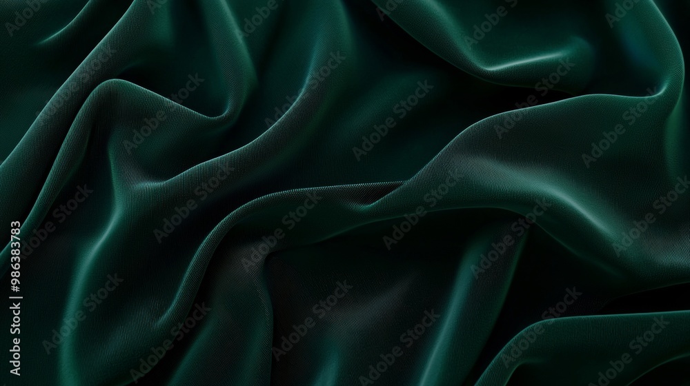 Fototapeta premium Smooth elegant green satin fabric forming a beautiful background, wave-shaped, suitable for use in design or as a background