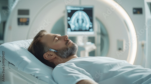 A portrait of a brain scanner patient using advanced neurotechnology, focused on optimizing brain function while participating in research and treatment for neurodiseases. photo