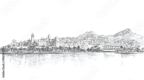 Philipsburg, Sint, black and white pen pencil hand-drawn effect drawing illustration for travel poster, card, wallpaper, backdrop or banner. Modern, clear, artistic and simple