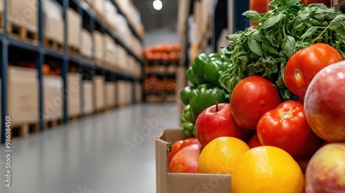 Warehouse with refrigeration units preserving fresh vegetables, fruits, and meats in cold storage