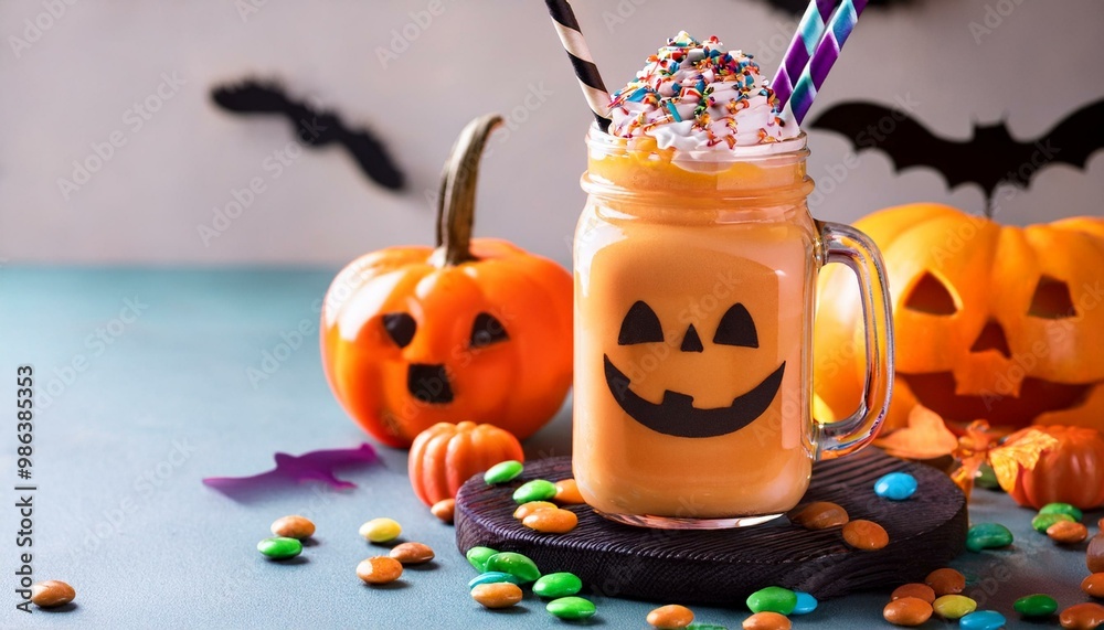 Fototapeta premium Halloween pumpkin milkshake decorated with candy