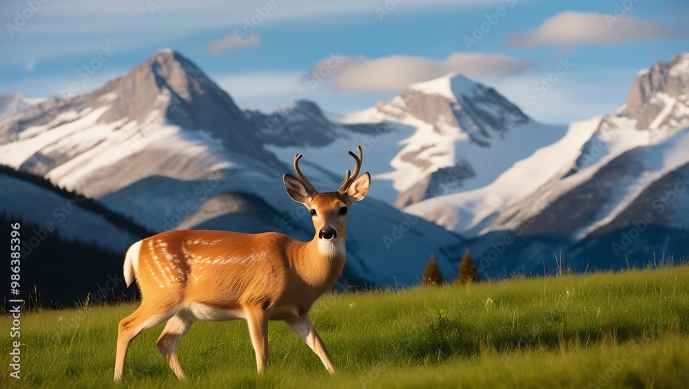 This breathtaking photograph features a graceful deer grazing in the foreground, framed by the stunning backdrop of snow-capped mountains. This breathtaking photograph features a graceful deer grazing in the foreground, framed by the stunning backdrop of snow-capped mountains.