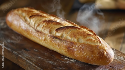 artisanal french baguette with goldenbrown crust and perfect scoring resting on a rustic wooden surface steam rises gently hinting at its freshly baked warmth and irresistible aroma