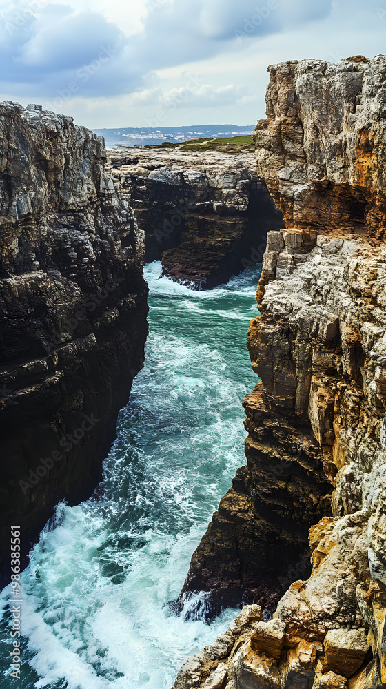 Portugese cliff with coast view, breathtaking landscape with rought rocks and sea