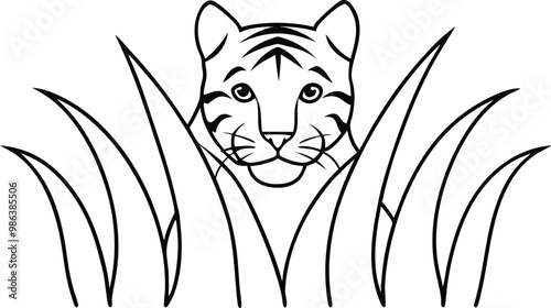 Vector Illustration of a Tiger Stealthily Hiding in Tall Grass

