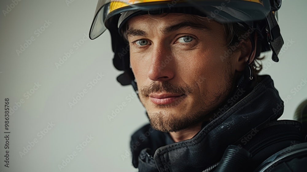 A man in a fireman's helmet and jacket A man in a fireman's helmet and jacket