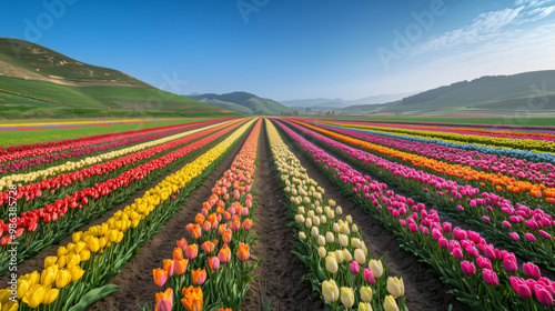 Colorful tulip field in springtime countryside of the Netherlands with vibrant flowers blooming under a clear blue sky