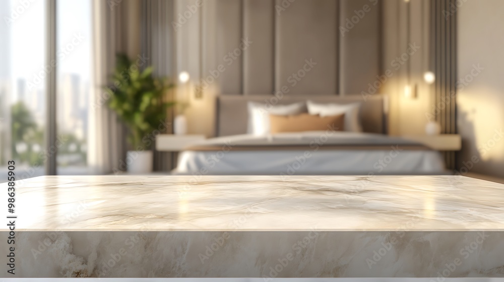 A modern bedroom interior with a marble tabletop in focus, showcasing a cozy atmosphere.