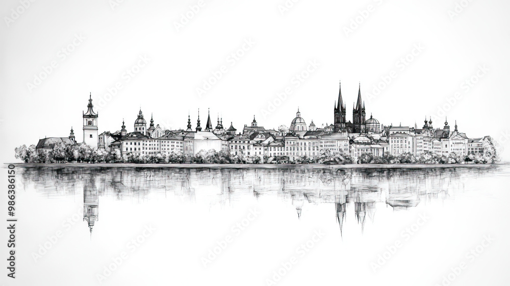 Naklejka premium Plze, Czech, black and white pen pencil hand-drawn effect drawing illustration for travel poster, card, wallpaper, backdrop or banner. Modern, clear, artistic and simple