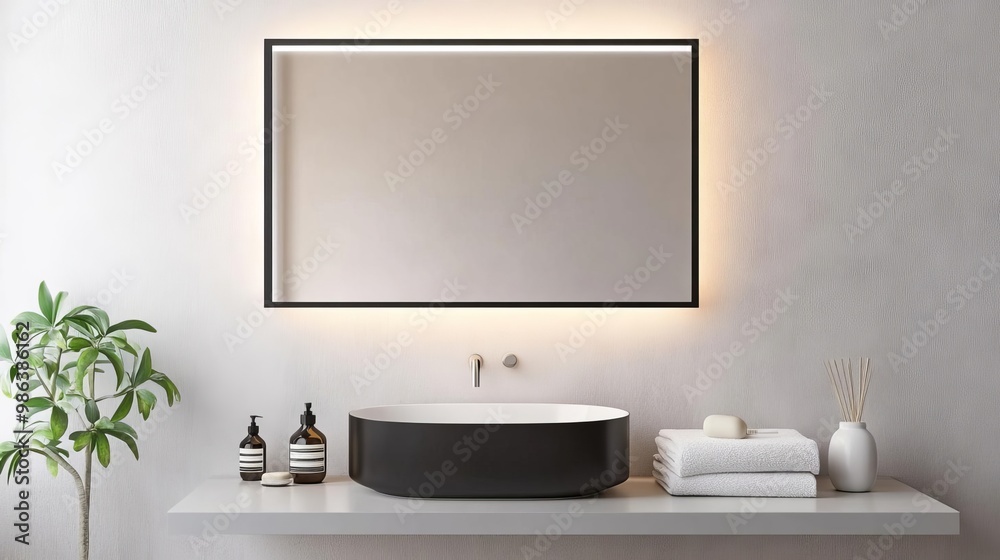 Fototapeta premium Rectangular mirror with matte black frame and soft lighting, minimalist bathroom mirror, modern boldness