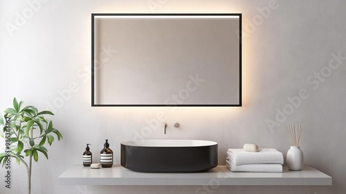 Rectangular mirror with matte black frame and soft lighting, minimalist bathroom mirror, modern boldness