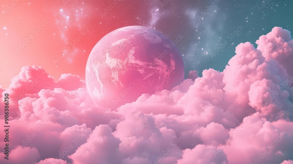 Obraz premium dreamy cosmic landscape surreal pink planet floating in cotton candy clouds against starry background whimsical dolllike aesthetic creates enchanting extraterrestrial scene