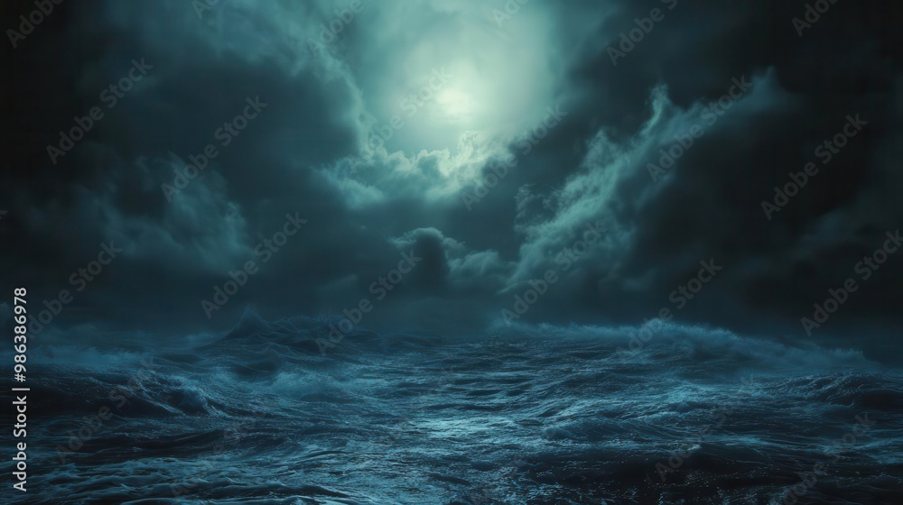 eerie seascape with roiling dark clouds looming over a turbulent ocean moonlight breaks through casting an otherworldly blue glow misty atmosphere creates a sense of mystery and foreboding