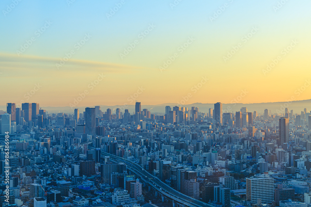 Fototapeta premium 展望台から見えた早朝の大阪の都市風景