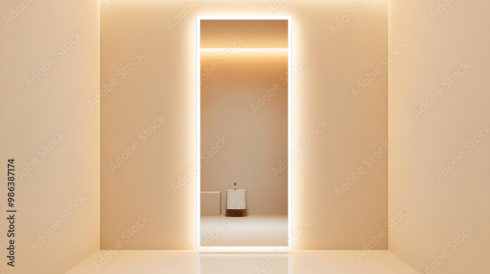 Tall frameless mirror with recessed lighting in a beige minimalist bathroom, minimalist bathroom mirror, warm simplicity Tall frameless mirror with recessed lighting in a beige minimalist bathroom, minimalist bathroom mirror, warm simplicity